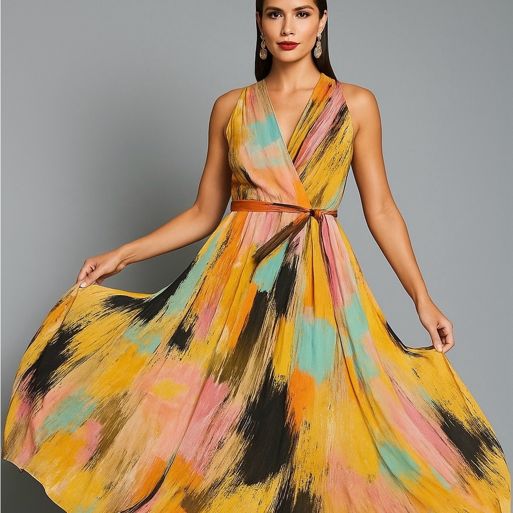 Chetta B Halter Tie Front Maxi Dress in Pink and Orange - Picture 4 of 15